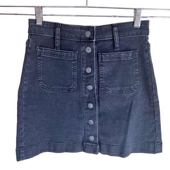 Madewell Womens Patch Pocket‎ Button Down Black Denim Mini Skirt Size 24 Stretch - Picture 1 of 4